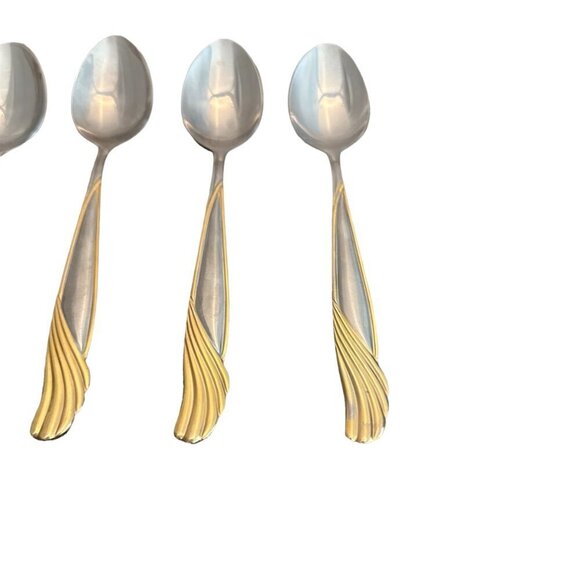Cambridge Stainless Florentine Set of 4 Teaspoons Small Spoon Silver Gold 6 1/8" - Picture 2 of 6